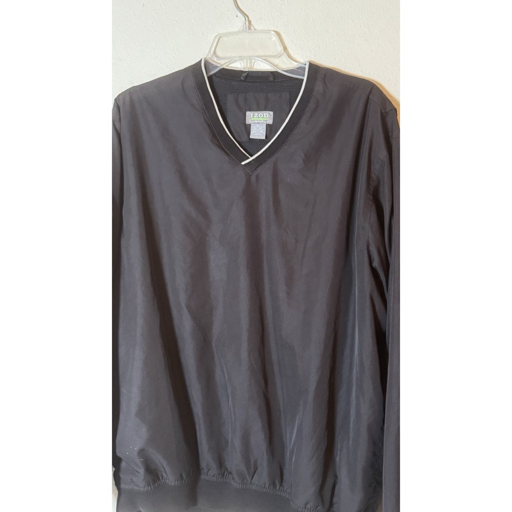 IZOD Golf Men's Long Sleeve V-Neck Pullover Windbreaker Size Large Black Pockets